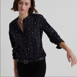Lucky Brand 100% Cotton Washed Black Polka Dot Popover Blouse Shirt Size Large